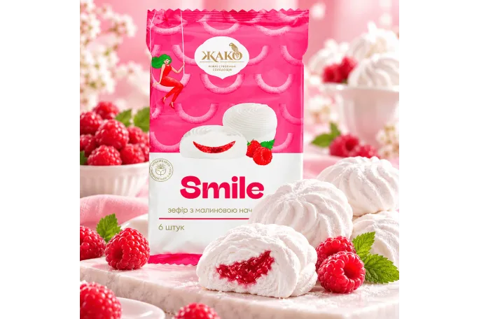 Zefyrai „Smile“ su aviečių įdaru ŽAKO, 300 g Zefyrai „Smile“ su aviečių įdaru ŽAKO, 300 g
