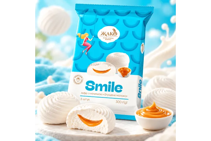 Zefyrai „Smile“ su virto sutirštinto pieno įdaru ŽAKO, 300 g Zefyrai „Smile“ su virto sutirštinto pieno įdaru ŽAKO, 300 g
